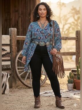 Torrid Split Front Blouse - Georgette Floral print bohemian , western chic Sz 3